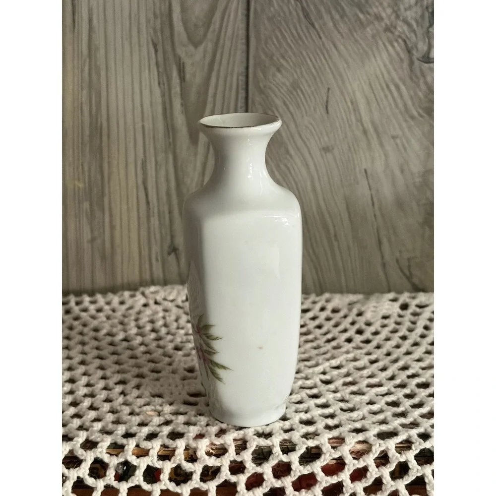 Vintage Miniature Porcelain Bud Vase Pink Cherry Blossom Floral Gold Trim 4.25